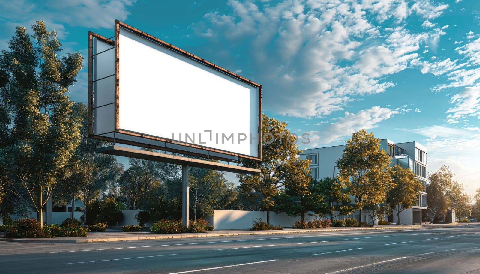 A large white billboard sits on a wet sidewalk in a city by AI generated image.