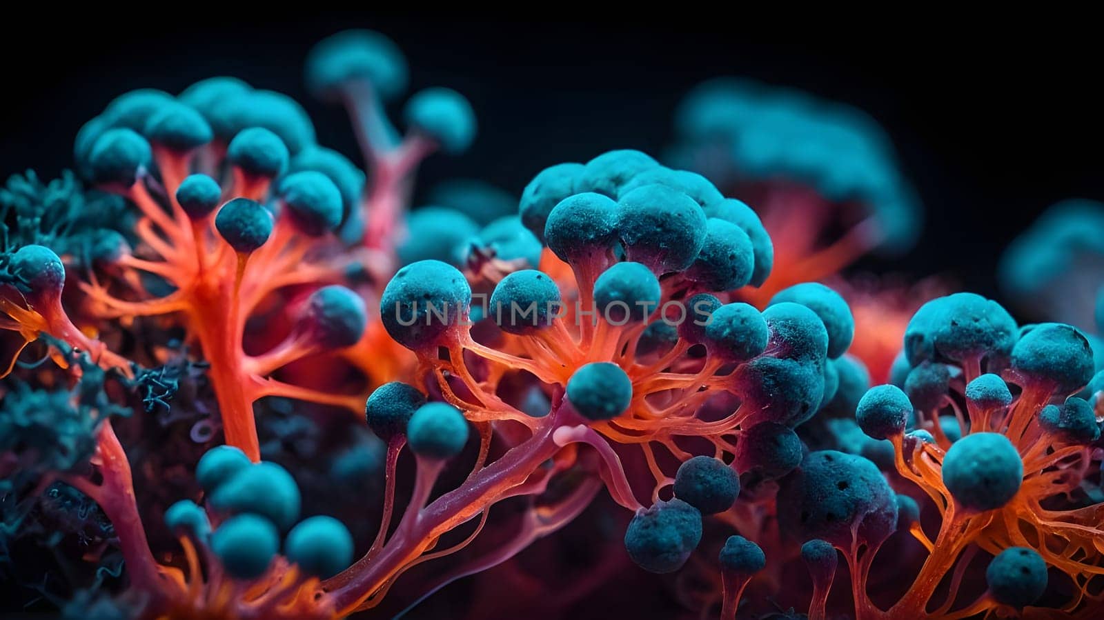 Molecules of Candida auris fungal infection in darkness,neon art. by andre_dechapelle