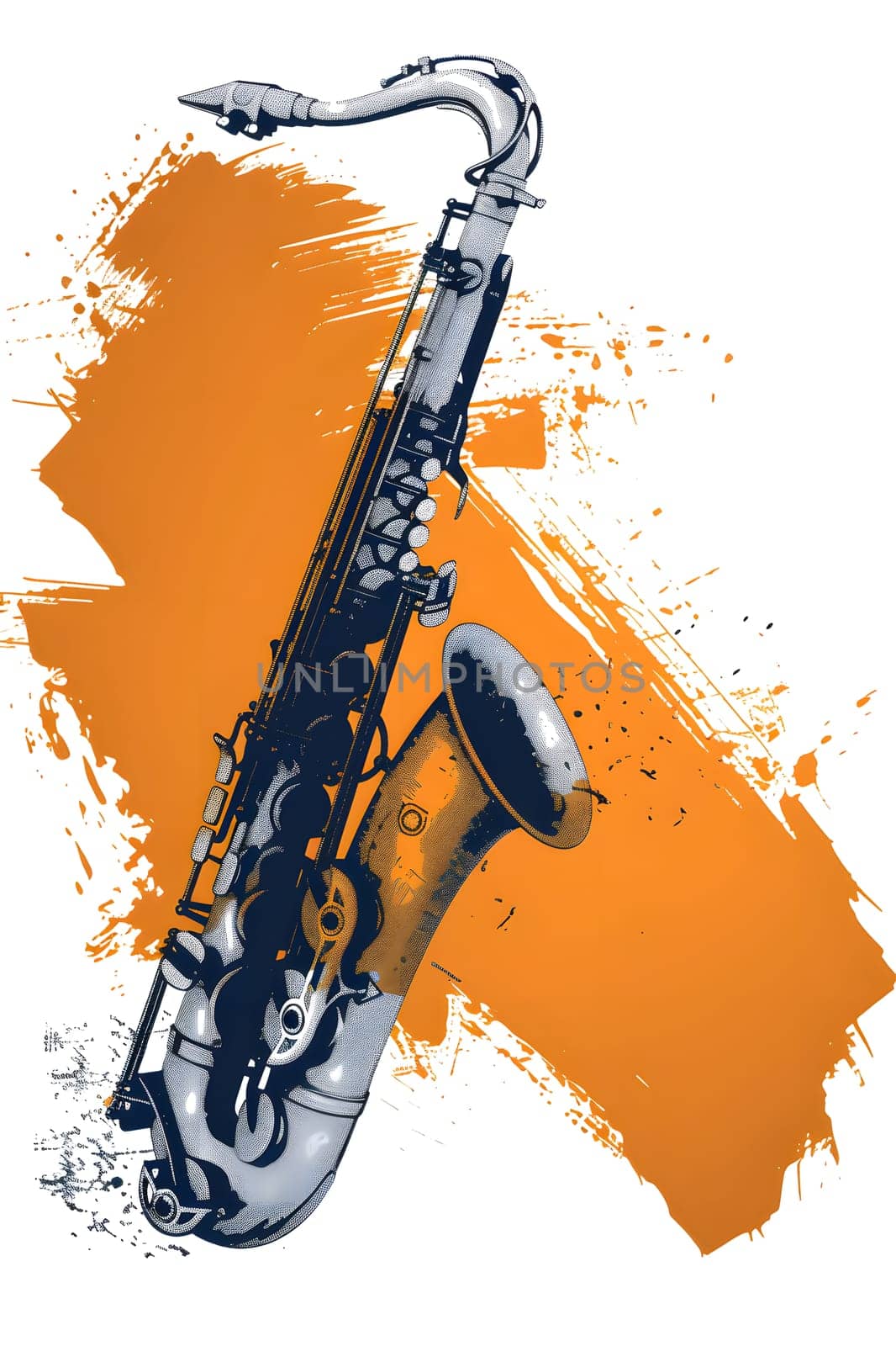 A vibrant painting of a saxophone on an orange background using fluid paint, capturing the essence of this reed instrument through art and color