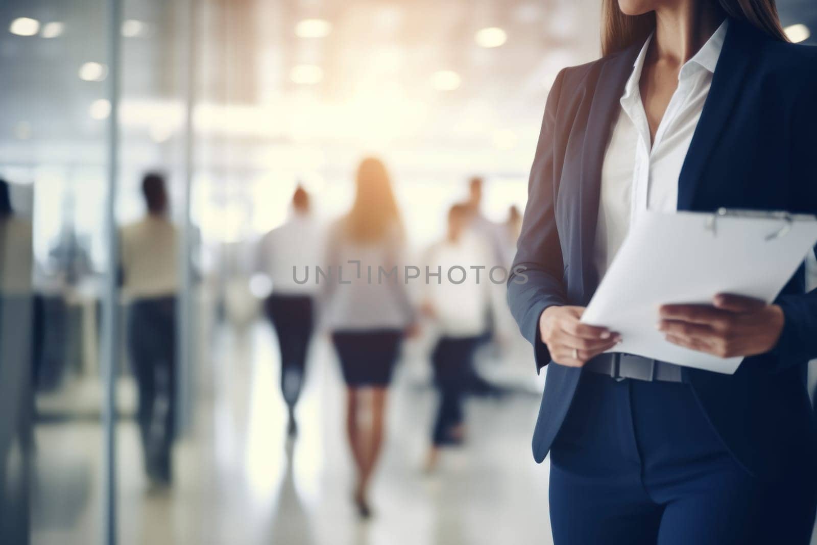 A woman in a business suit is walking through a office with other people.