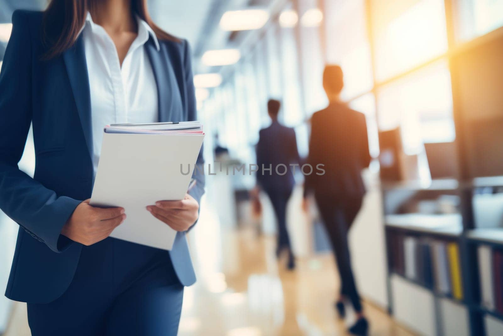 A woman in a business suit is walking through a office with other people by golfmerrymaker