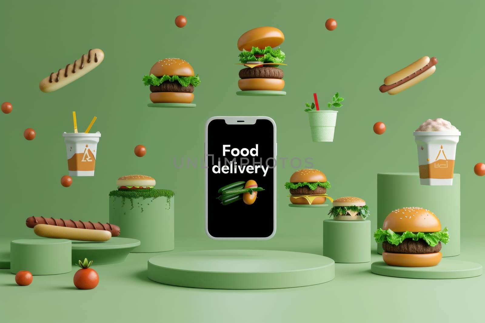 A food delivery app is shown on a green background with a variety of food items by golfmerrymaker