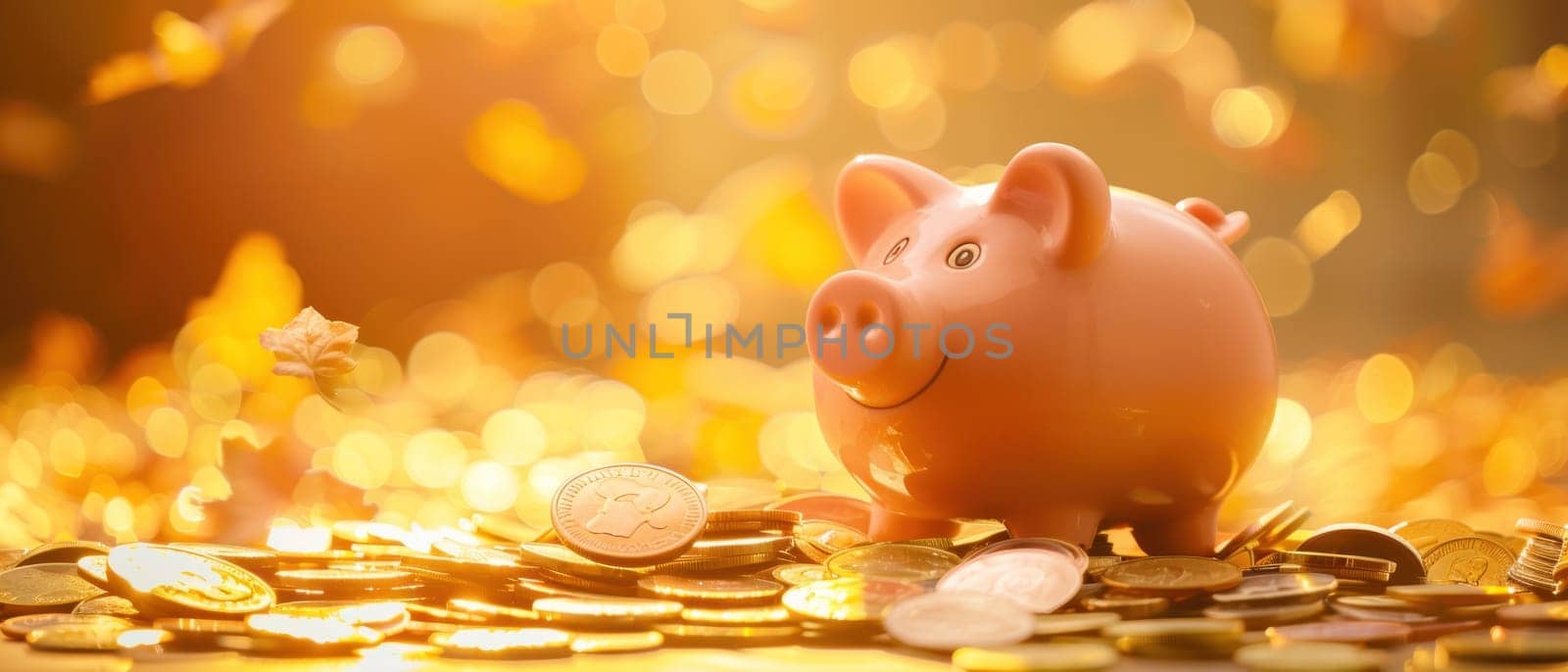 A pig is sitting on a pile of gold coins. The pig is smiling and he is happy. Concept of wealth and abundance