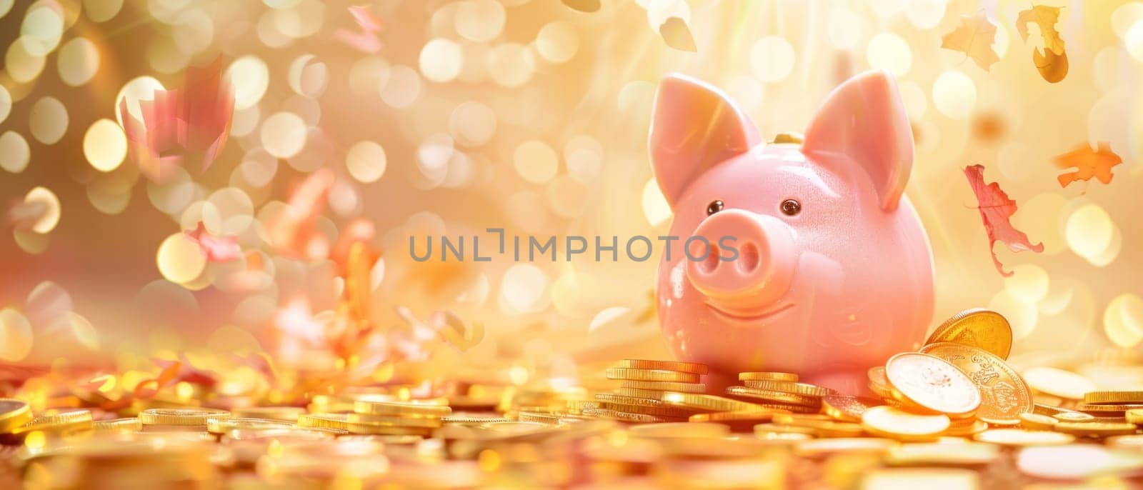 A pig is sitting on a pile of gold coins.