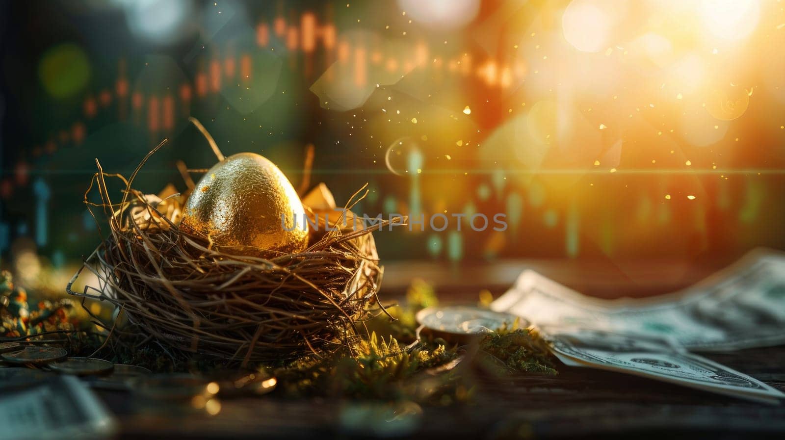 A nest with a golden egg in it sits on a wooden table. The table is covered with a stack of dollar bills