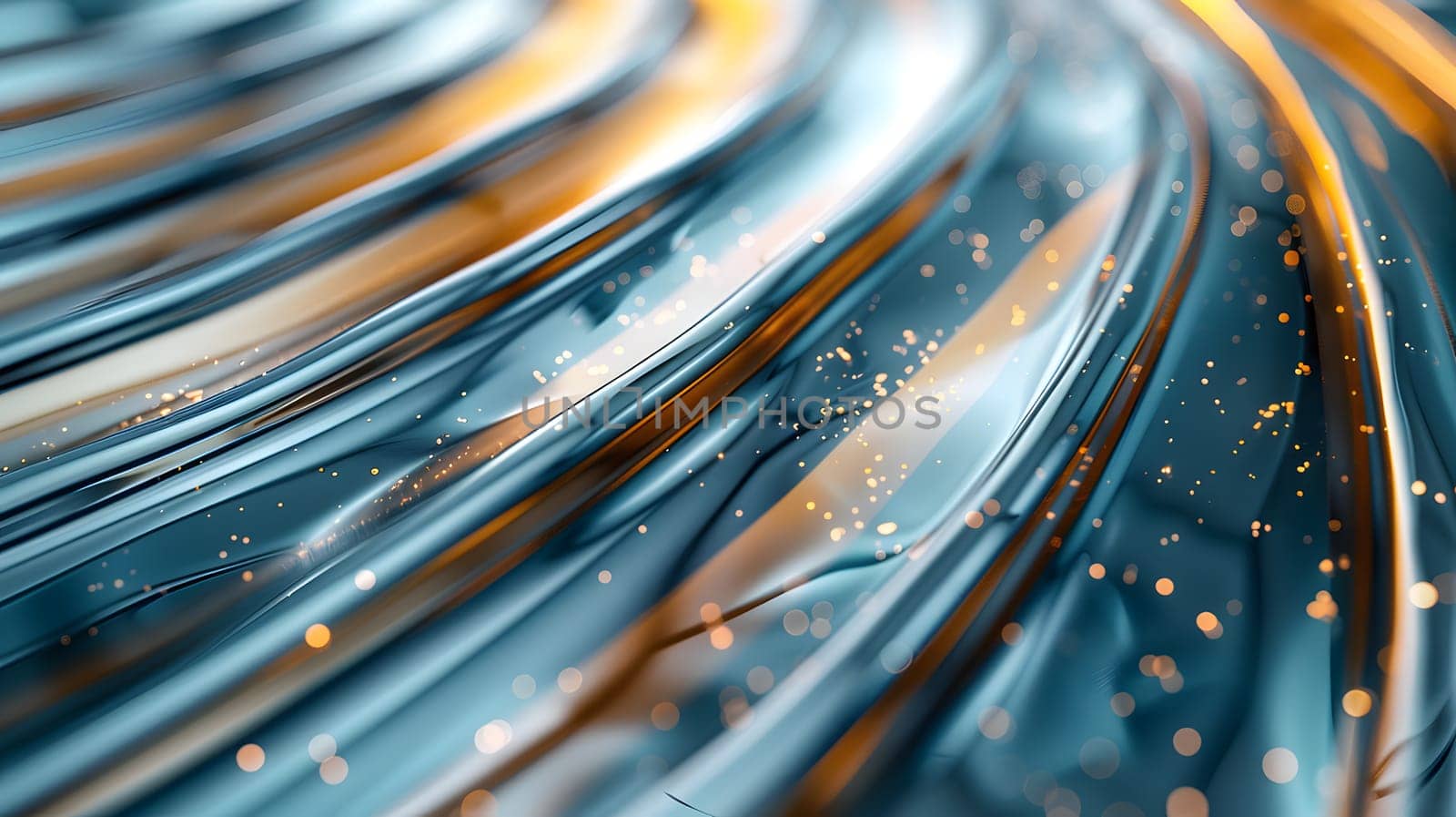 Macro photography of a liquid swirl pattern in electric blue and gold with sparkles, resembling an automotive tire or cable wire in a mesmerizing design