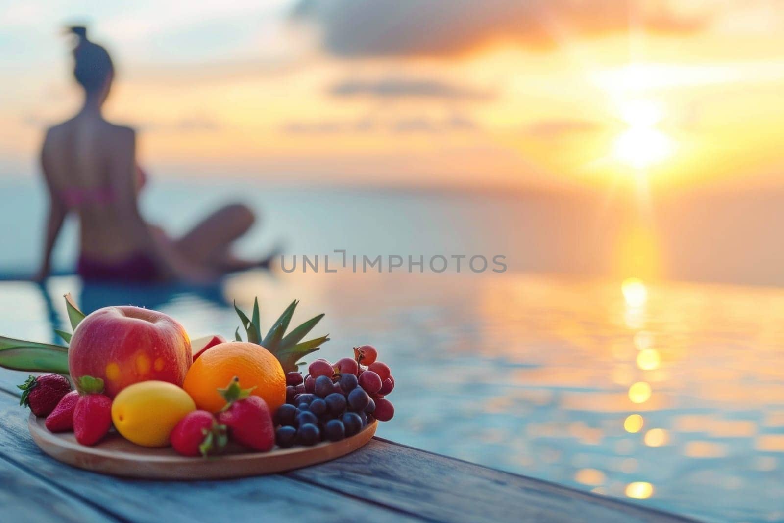 Lifestyle Wellness concept, An image that focuses on healthy fruit and vegetable juices with a background women and sea.