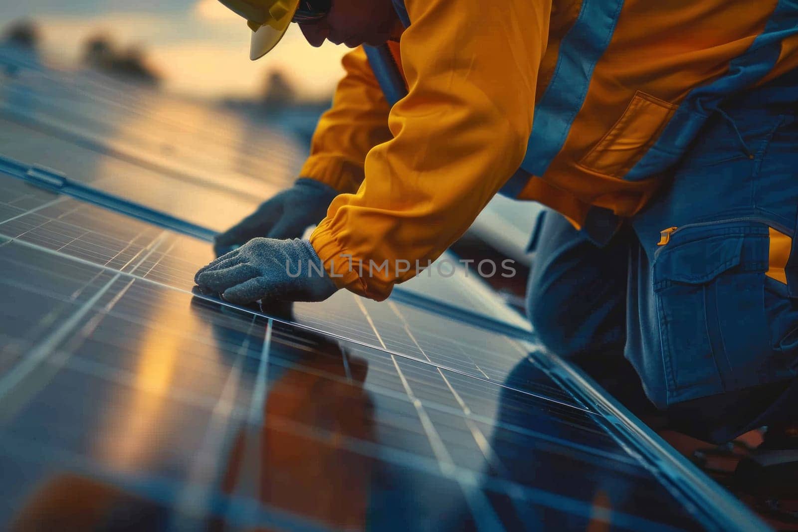 A man in orange safety gear is working on a solar panel.