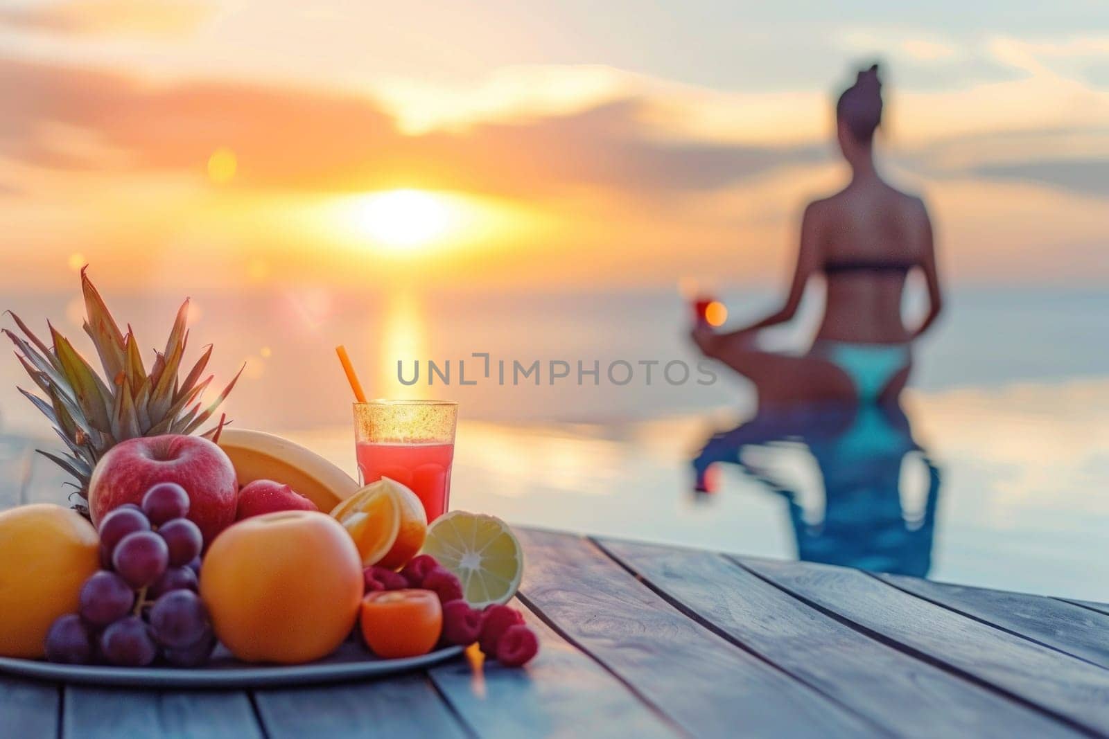 Lifestyle Wellness concept, An image that focuses on healthy fruit and vegetable juices with a background women and sea.