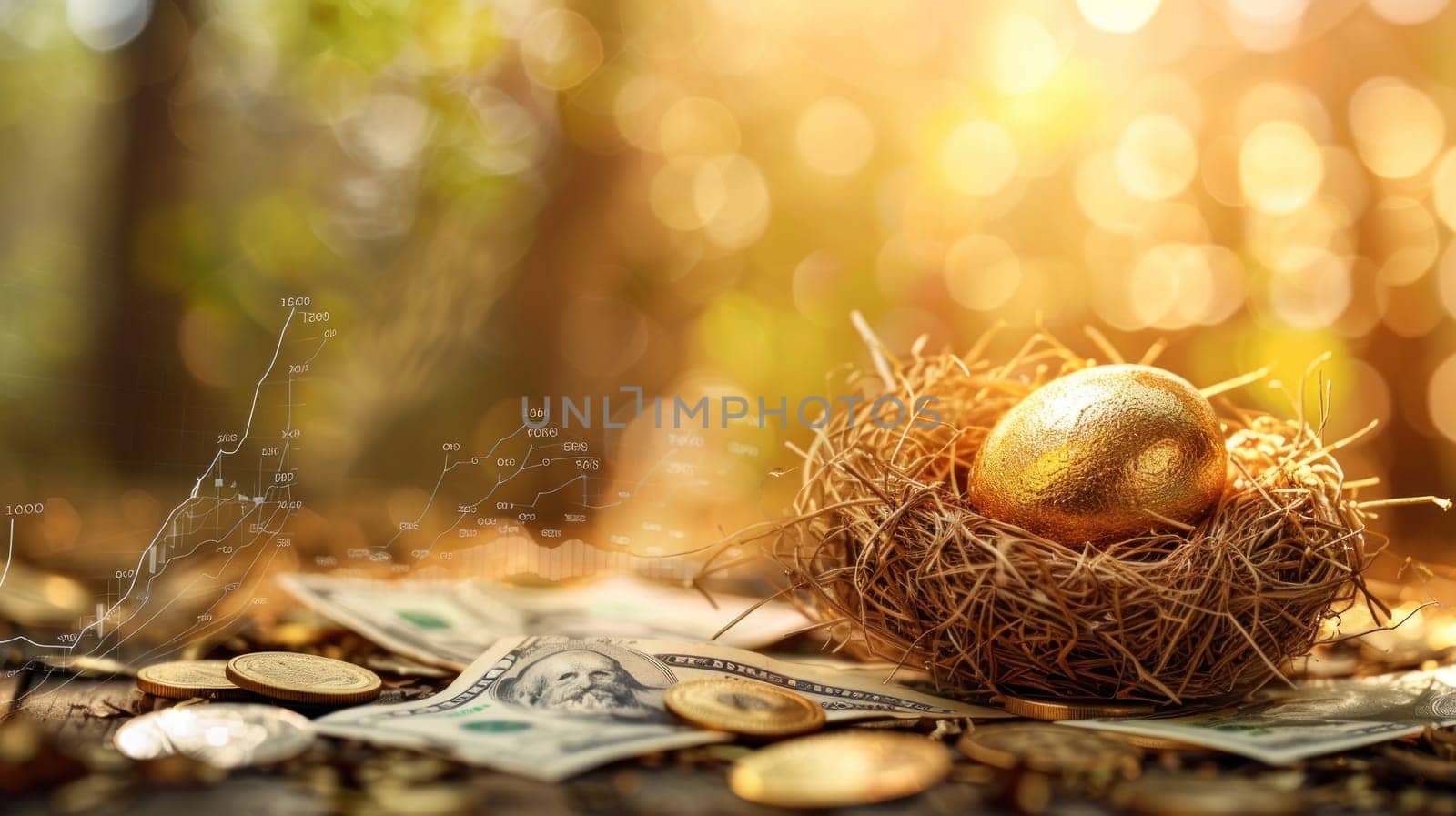 A nest of twigs and a gold egg on top of a pile of money.