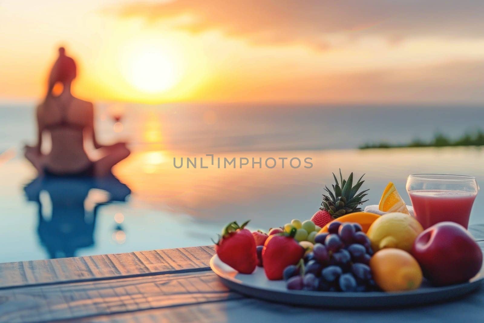 Lifestyle Wellness concept, An image that focuses on healthy fruit and vegetable juices with a background women and sea.