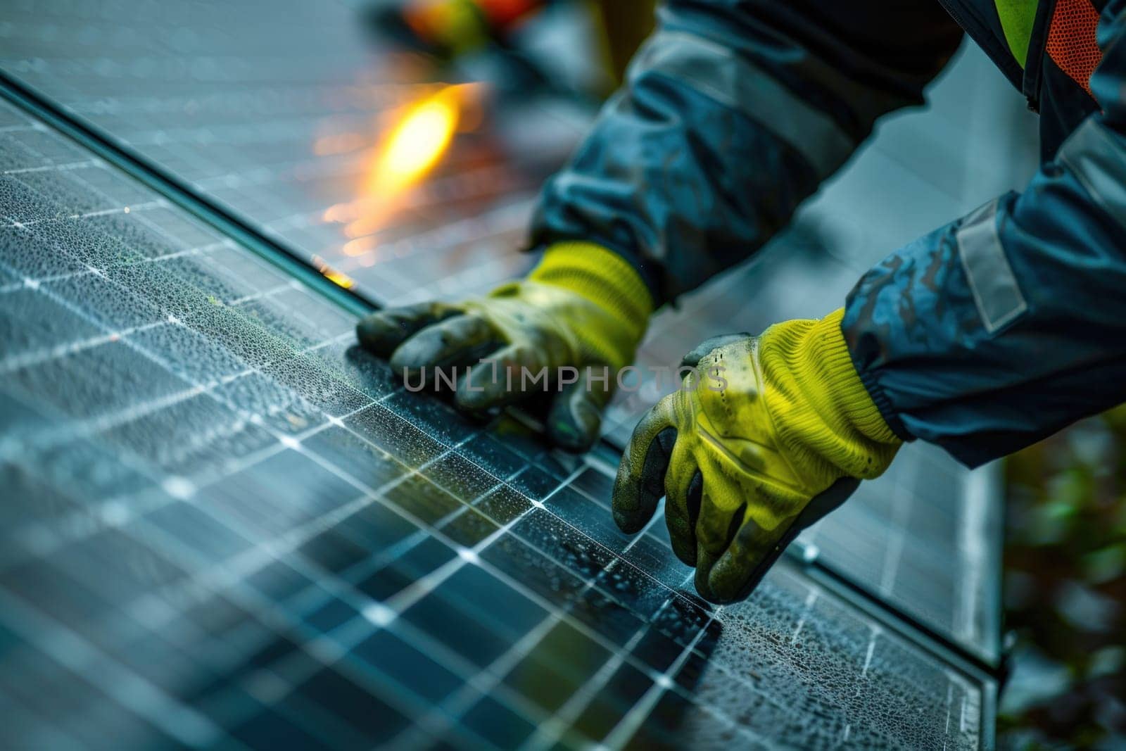 A man in orange safety gear is working on a solar panel by golfmerrymaker