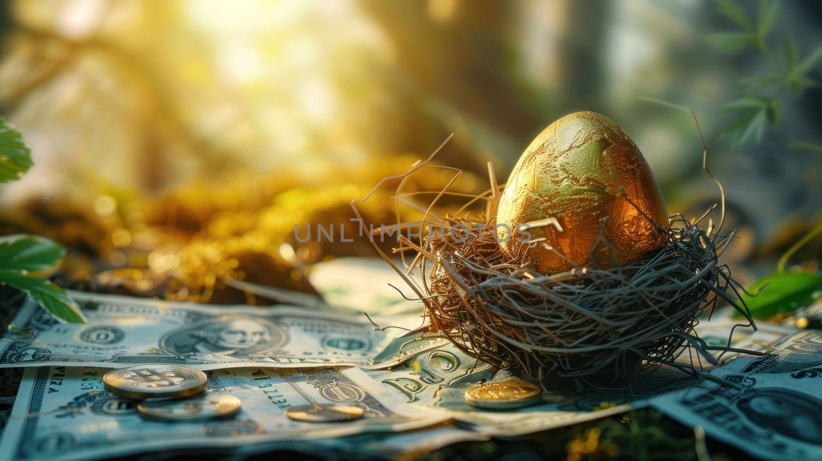 A nest of twigs and a gold egg on top of a pile of money. The nest is surrounded by a few coins and a few dollar bills. Concept of wealth and abundance, as the gold egg