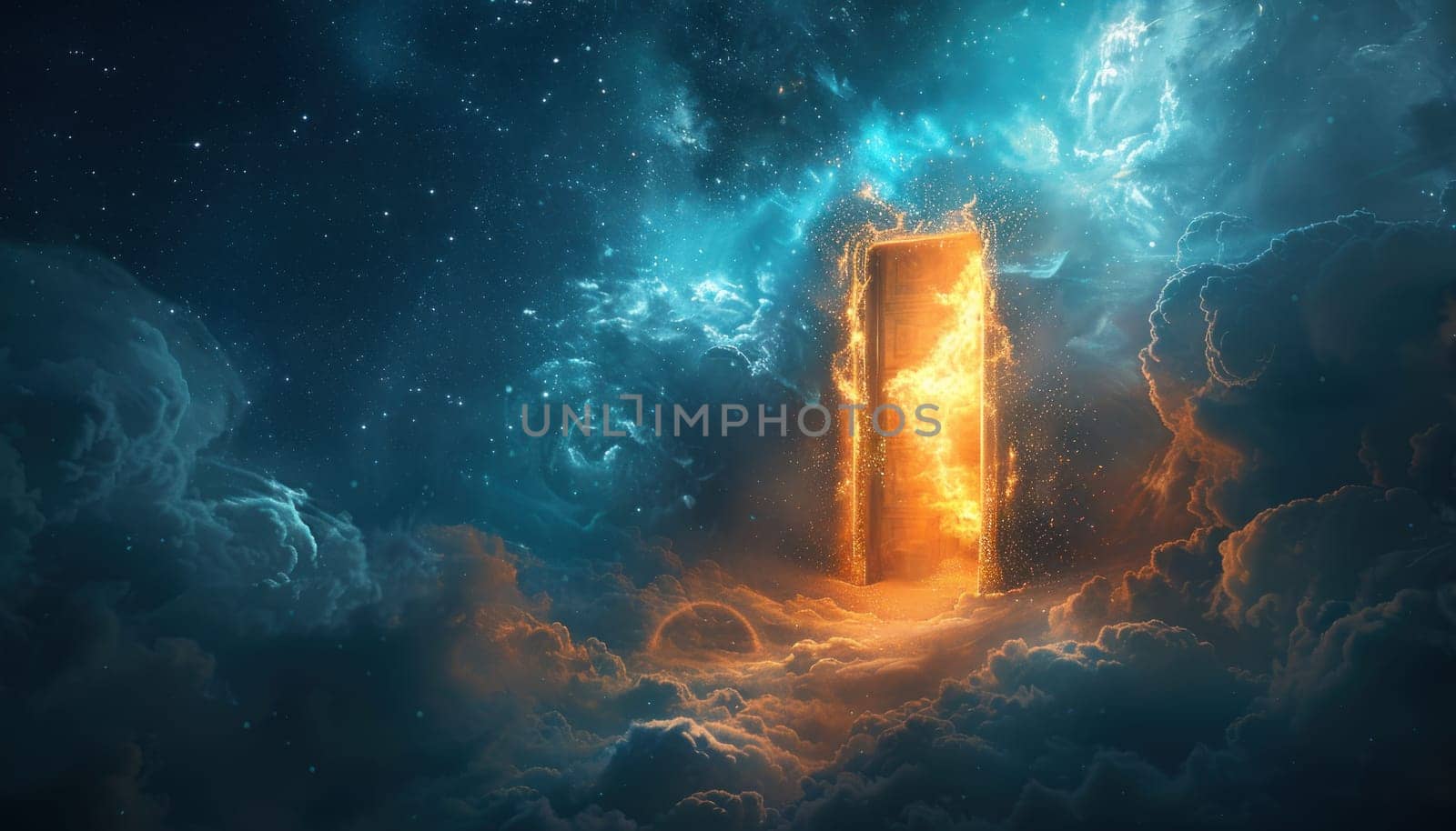 A door is open in a space filled with orange and blue clouds by golfmerrymaker