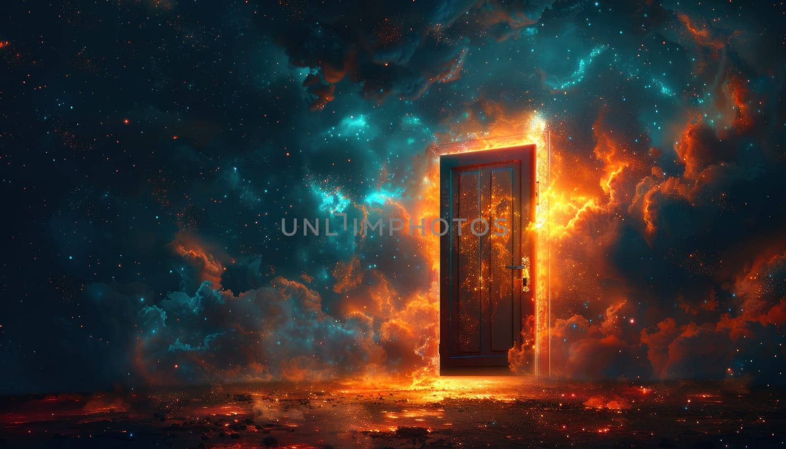 A door is open in a space filled with orange and blue clouds. The door is glowing and seems to be a portal to another world