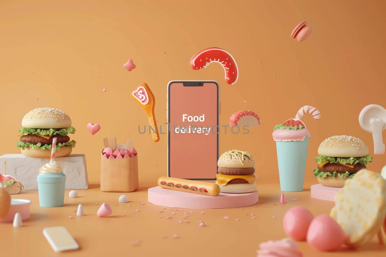 A food delivery app is shown on a phone with a variety of food items such as ham by golfmerrymaker