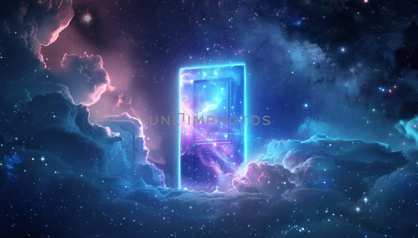 A door is shown in a space filled with stars and clouds. The door is glowing and he is a portal to another world. Scene is mysterious and otherworldly