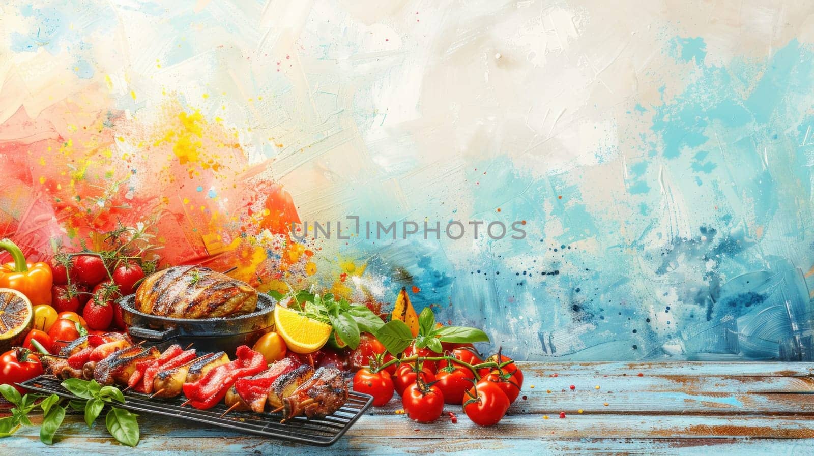 A painting of a grill with meat and tomatoes on it.