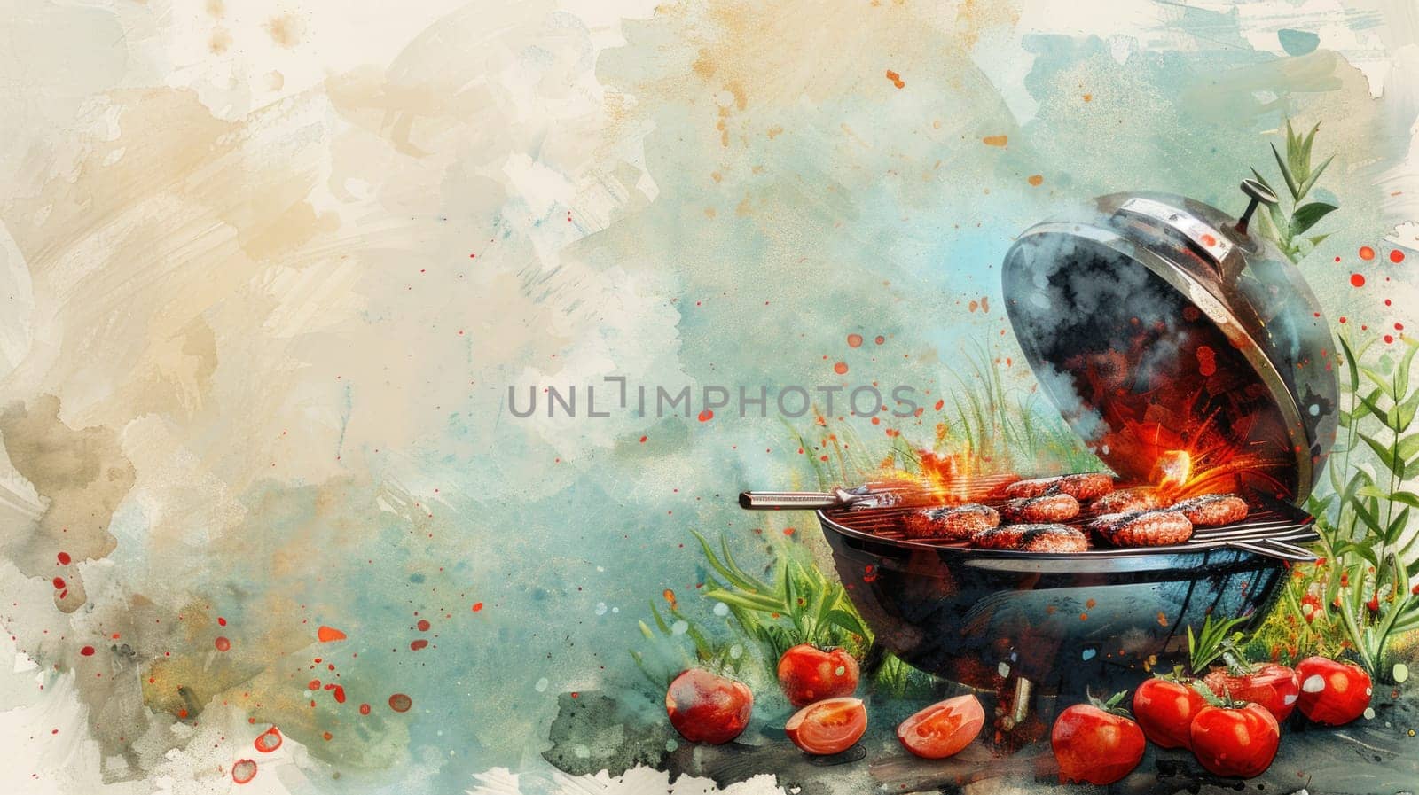 A painting of a grill with meat and tomatoes on it by golfmerrymaker