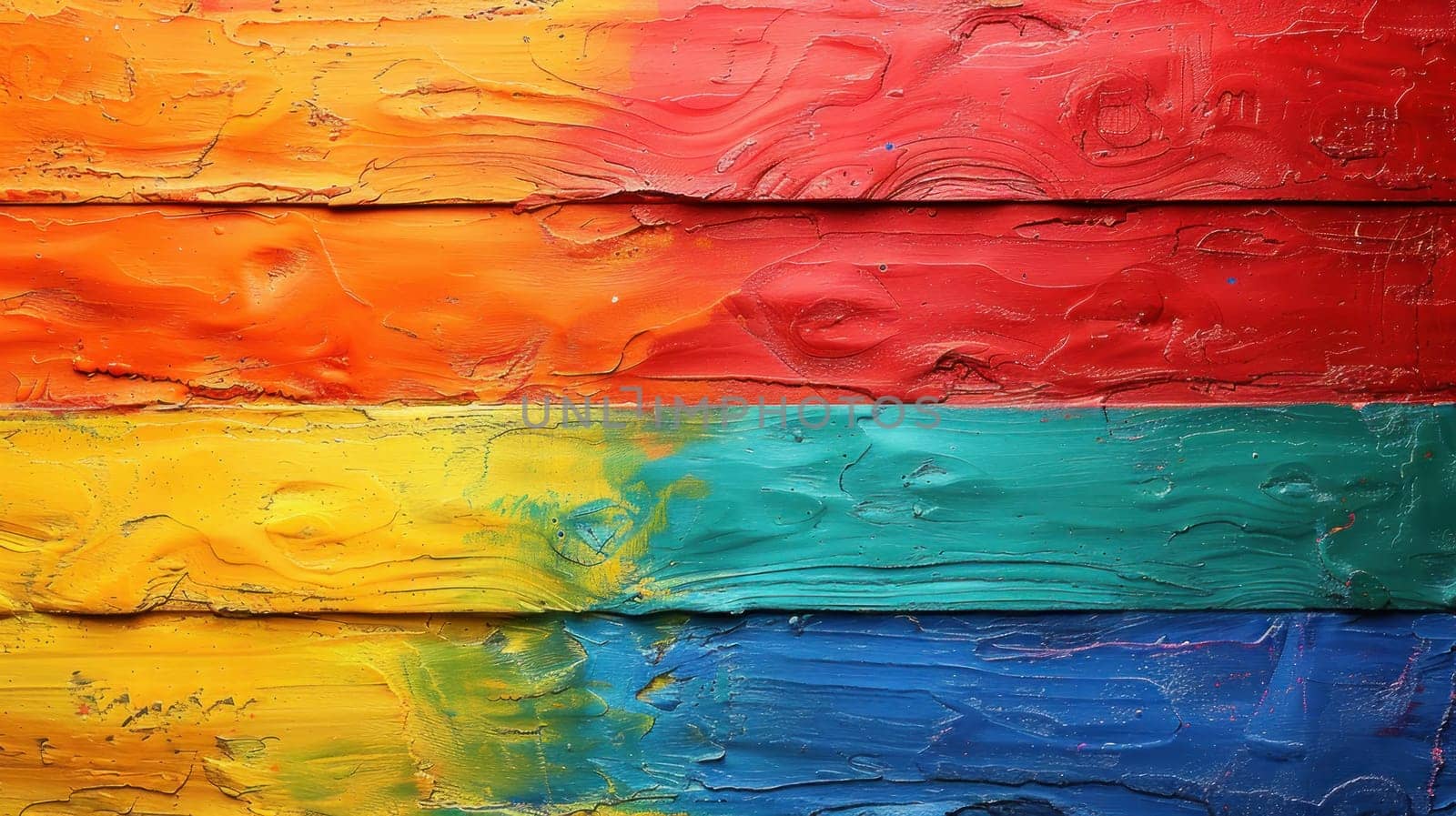 A colorful painting of wood with a rainbow of colors. The painting is abstract and has a vibrant, lively feel to it