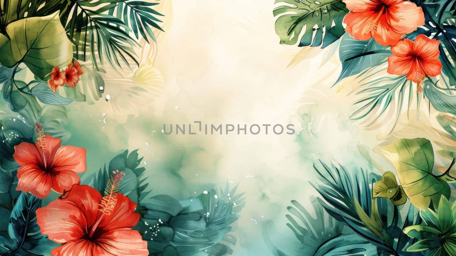 A painting of a tropical scene with pink flowers and green leaves by golfmerrymaker