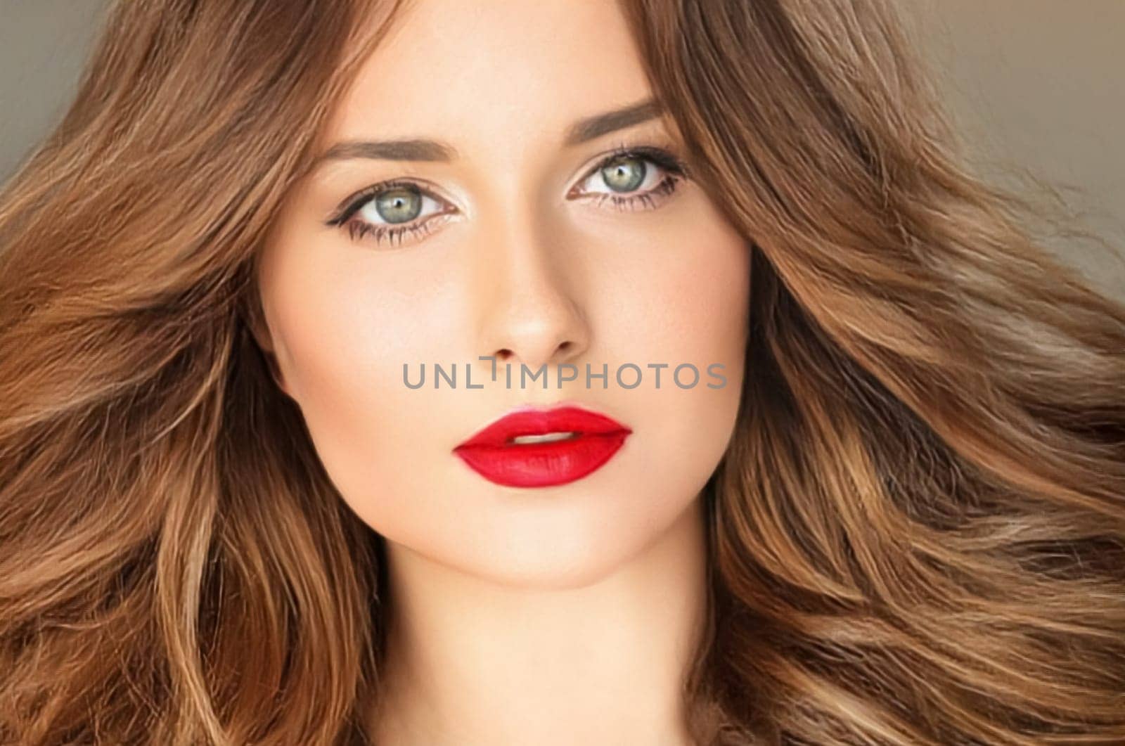 Beauty, makeup and hairstyle, face portrait of beautiful woman, red lipstick make-up and hair styling for skincare cosmetics, hair care, glamour style and fashion look idea