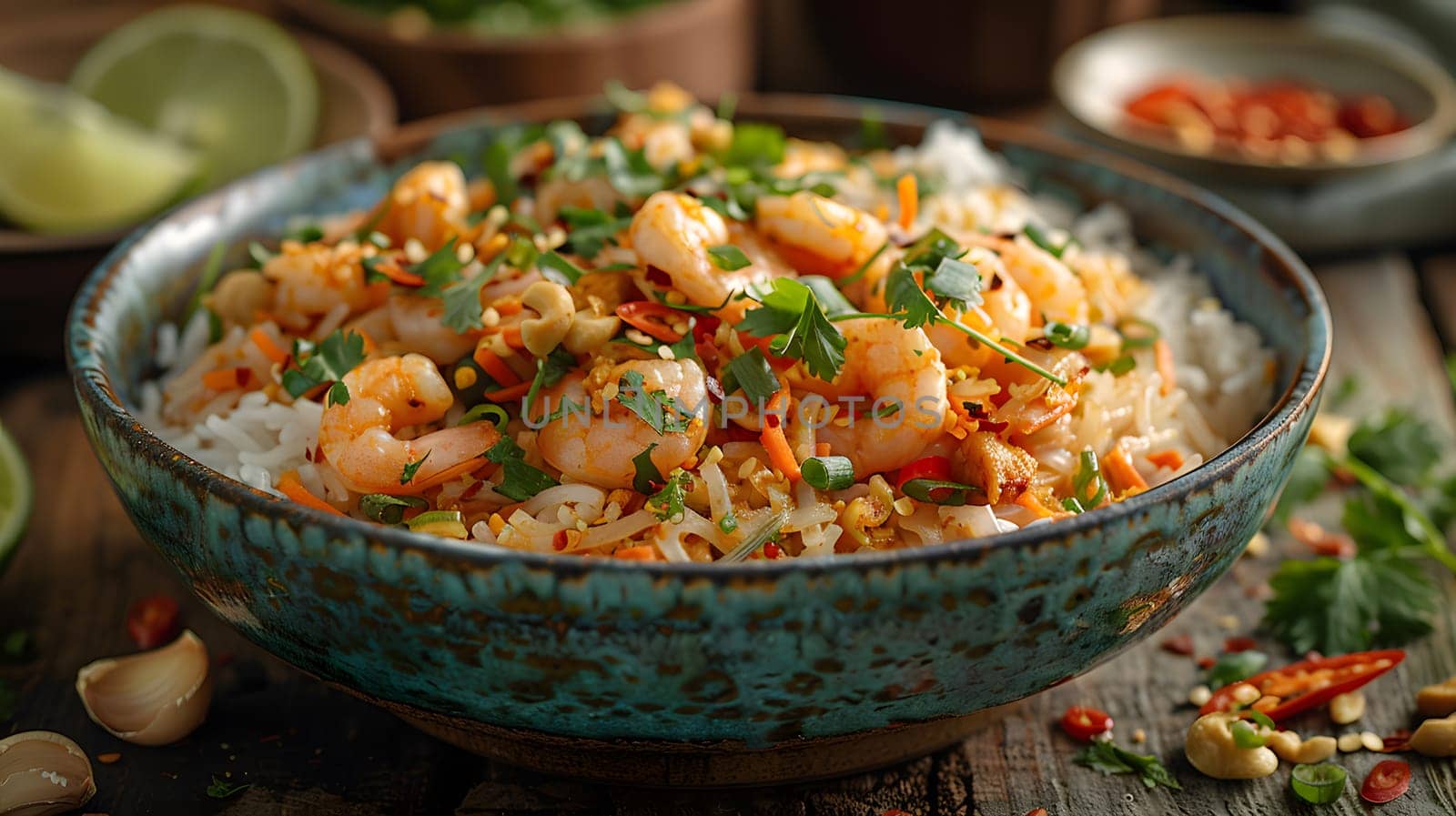 A dish of shrimp and rice served on a wooden table, showcasing the delicious combination of seafood and grains in a flavorful cuisine recipe