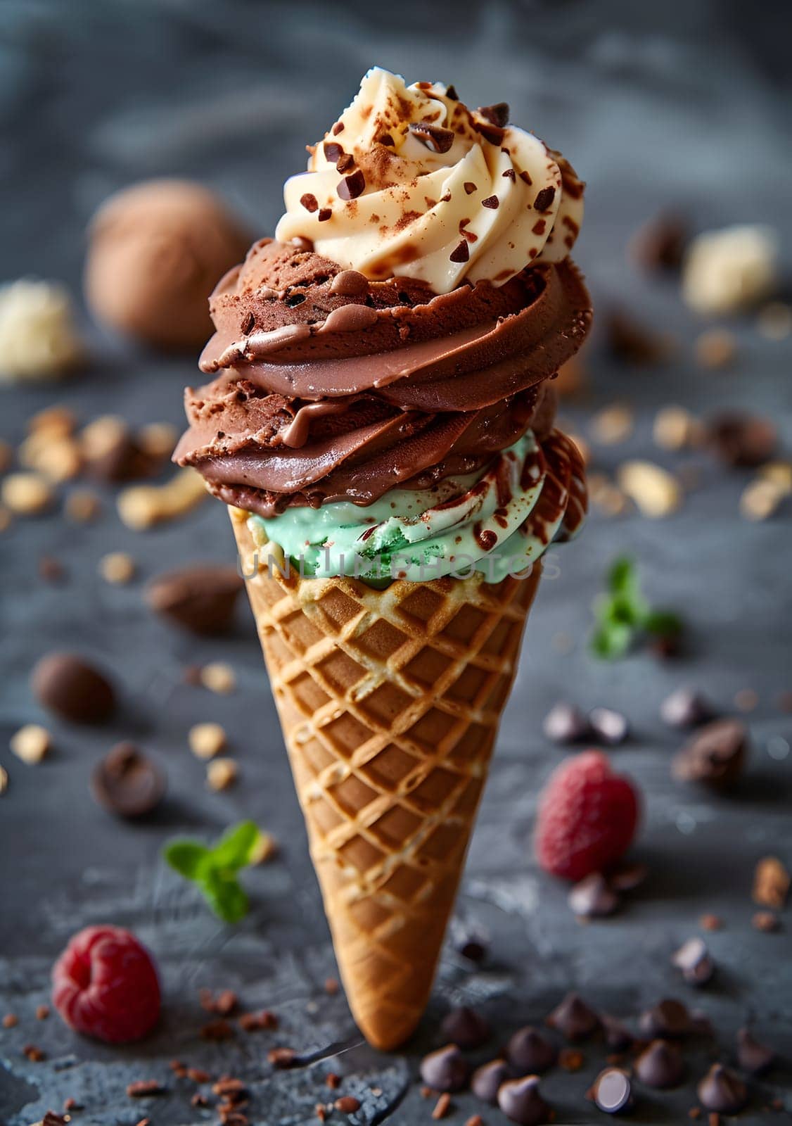 A delectable ice cream cone showcasing three unique flavors of frozen dessert, displayed on a table with natural foods ingredients