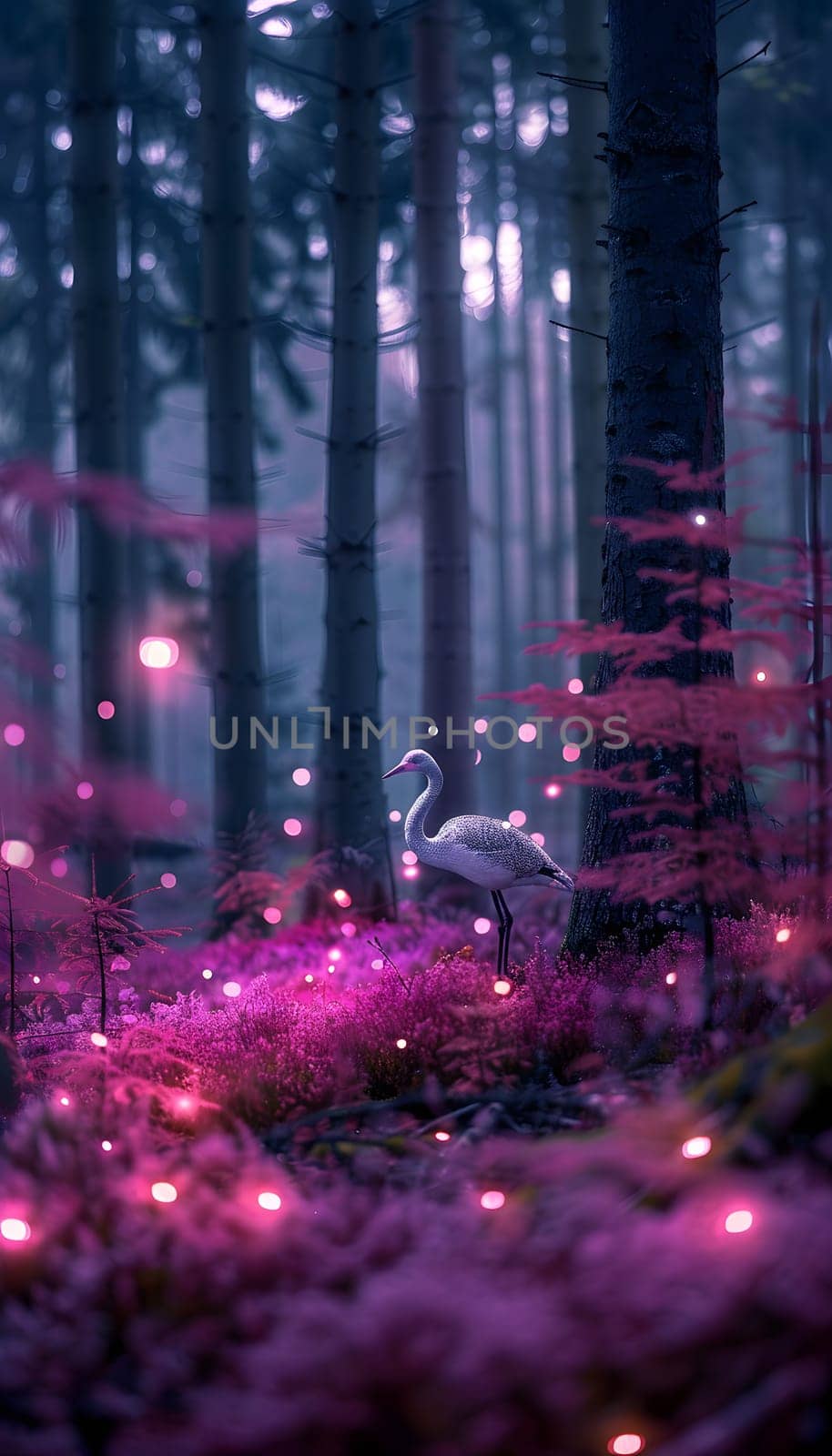A flamingo stands tall amidst purple flowers in a forest by Nadtochiy