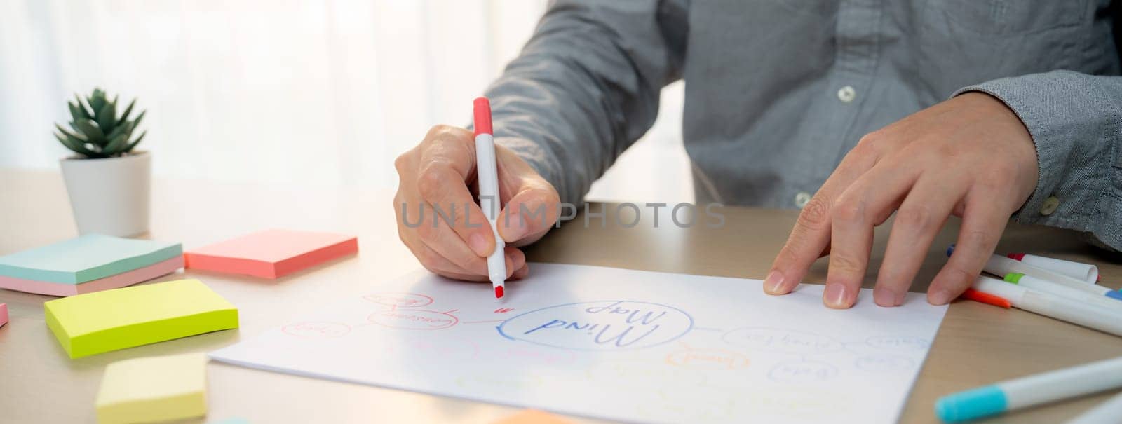 Skilled businessman brainstorms marketing ideas using mind maps. Successful male startup leader drafts financial plan on table with sticky notes scatter around. Closeup. Focus on hand.Variegated.