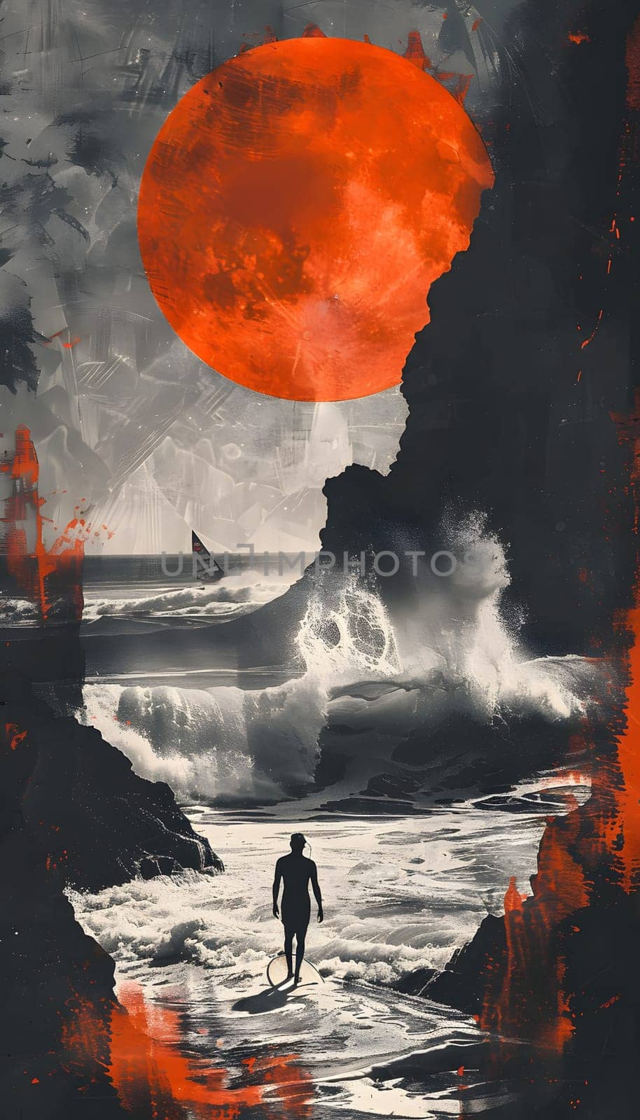 A man is strolling on the beach under the enchanting glow of a full moon, creating a picturesque scene reminiscent of a beautiful painting