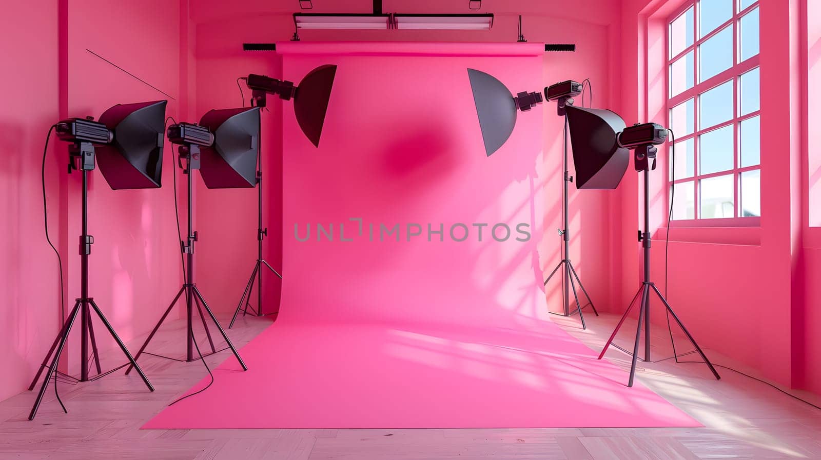 A pink photo studio with a magenta backdrop, hardwood flooring, and a bunch of lights. Includes window for natural lighting, tripod for performance art events