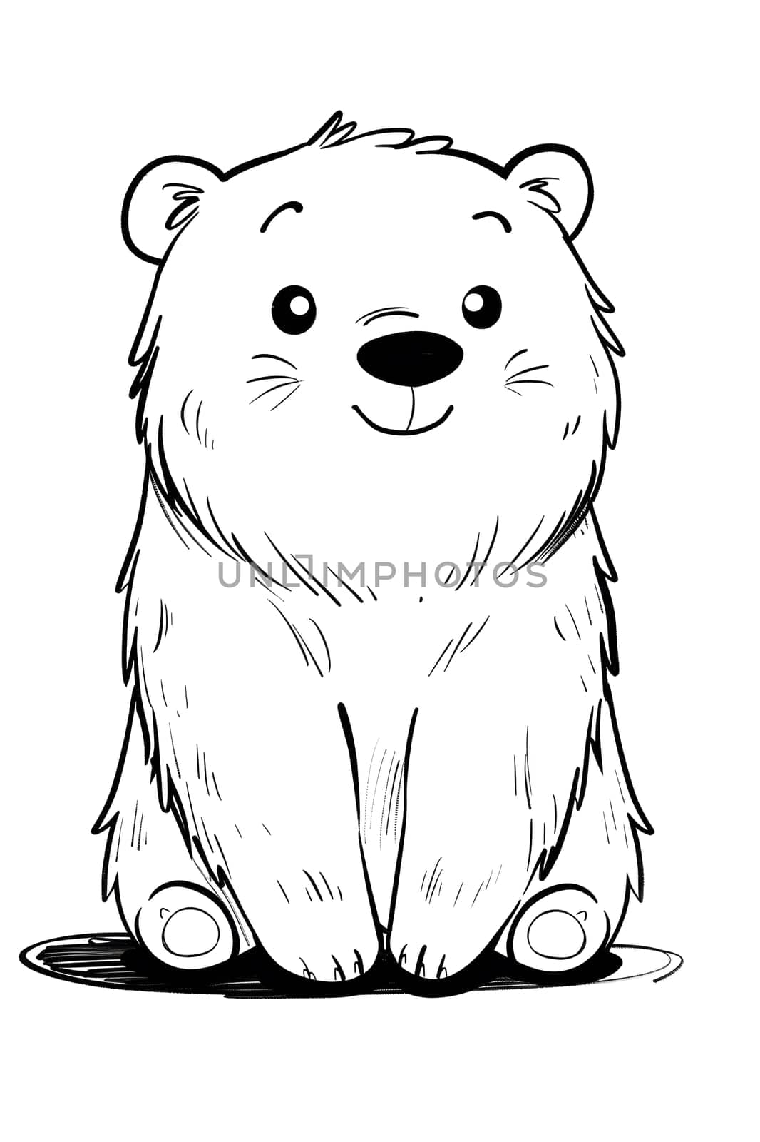 A cartoonstyle black and white drawing of a happy polar bear sitting down, with a big smile on its face. The details of its jaw, liquid font, and gesturing point to its carnivore organism