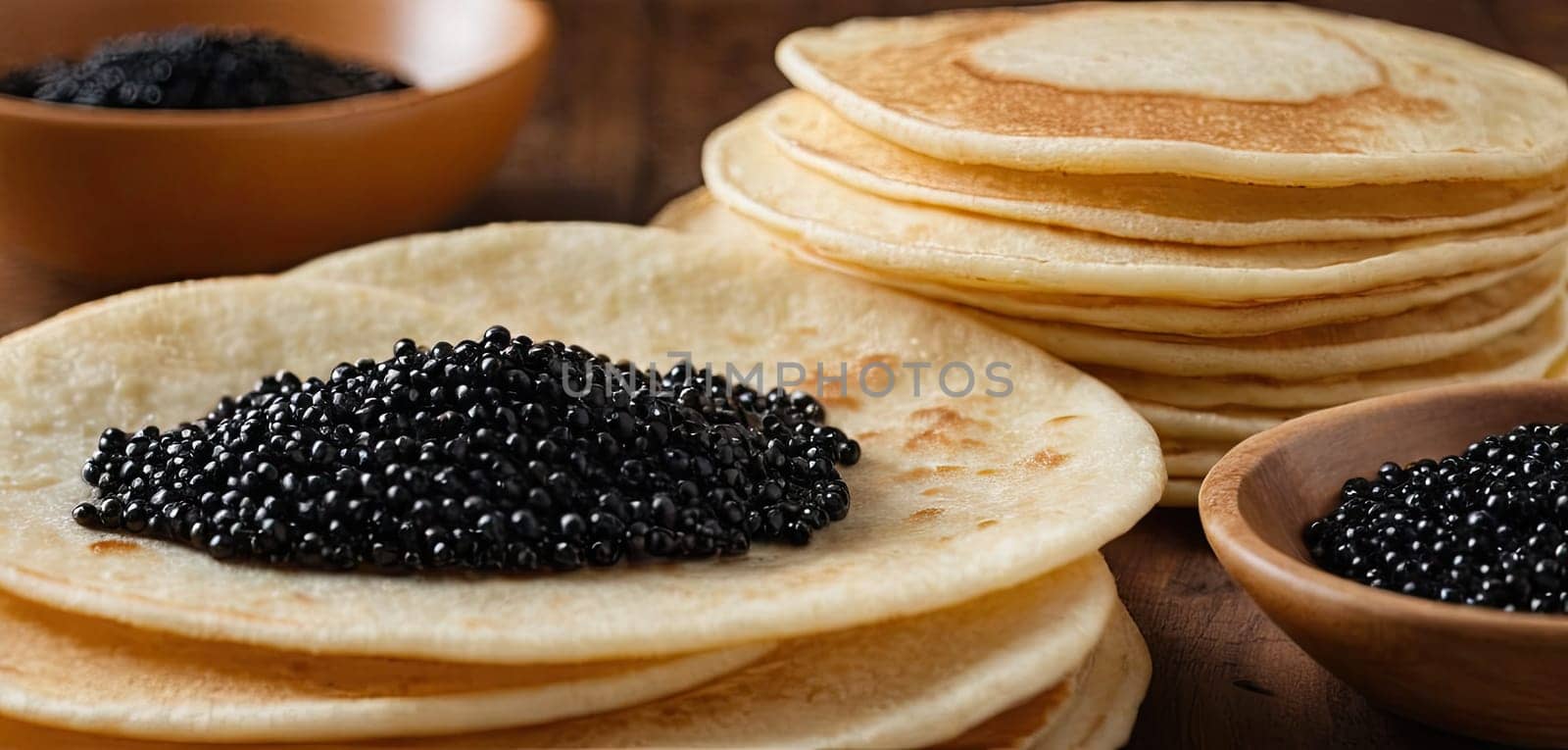 Pancakes with caviar for breakfast highlight luxury morning meal. Golden stack of thin pancakes or blini topped with black caviar by panophotograph