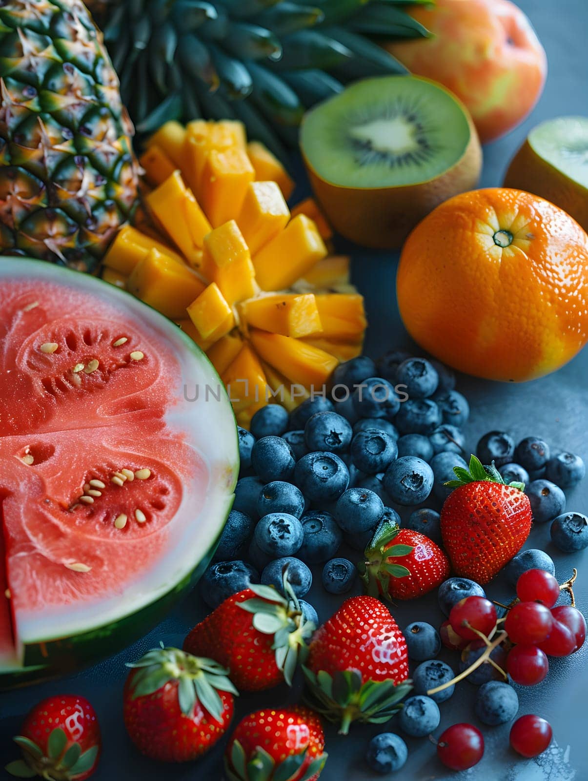 A selection of natural foods including fruit and berries such as watermelon Citrullus, are displayed on a table with dishware and tableware for a delicious recipe or dish