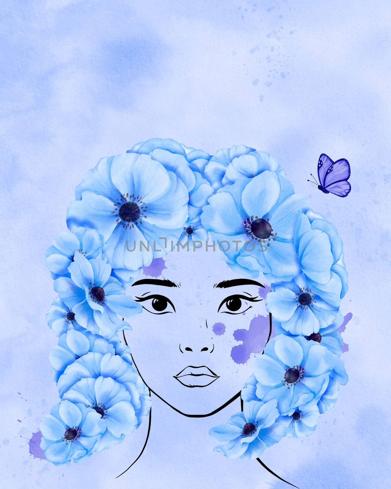 watercolor poster. line portrait of a young Asian woman. her hairstyle with enchanting blue anemone flowers and a delicate butterfly, a sense of freedom and vitality. diversity and individuality by Art_Mari_Ka