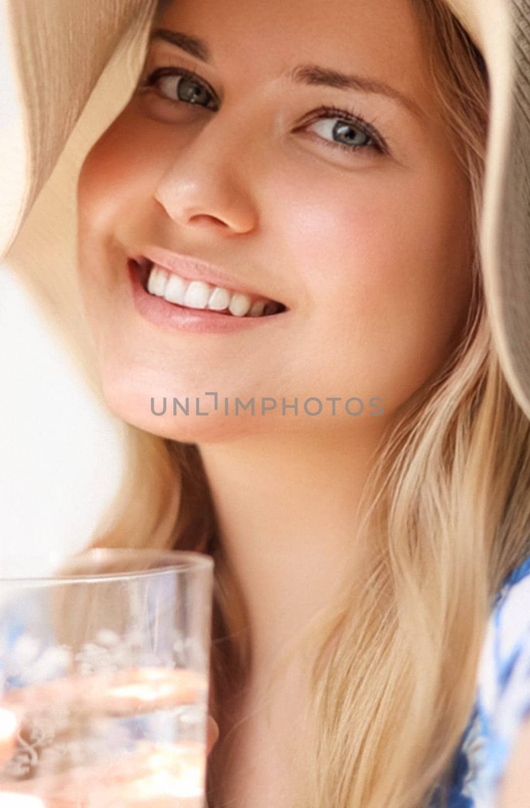 Fashion, travel and beauty face portrait of young woman, beautiful model wearing beach sun hat in summer, head accessory and style by Anneleven