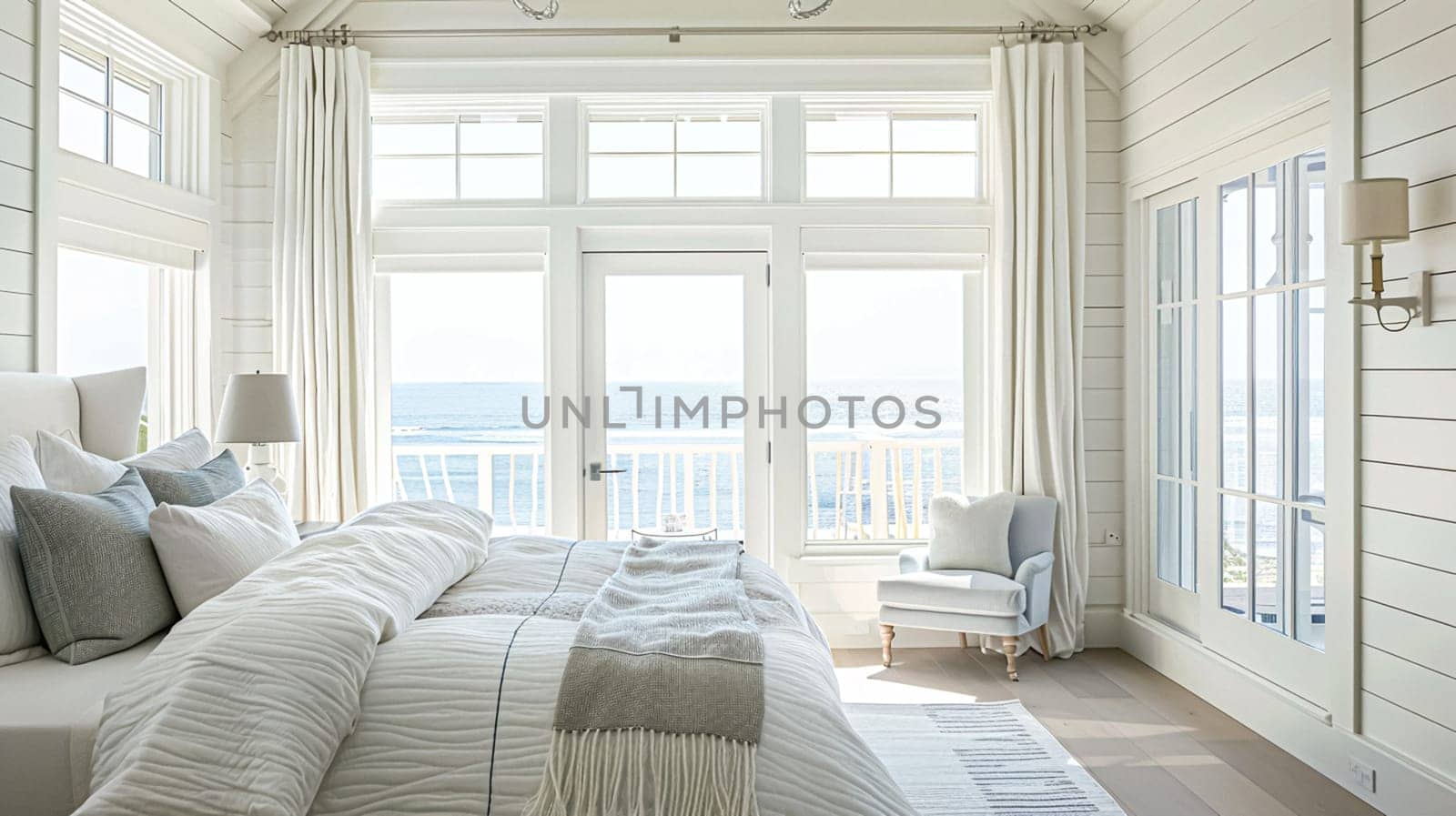 Beautiful interior of luxury bedroom with window sea view. Coastal cottage concept. High quality photo
