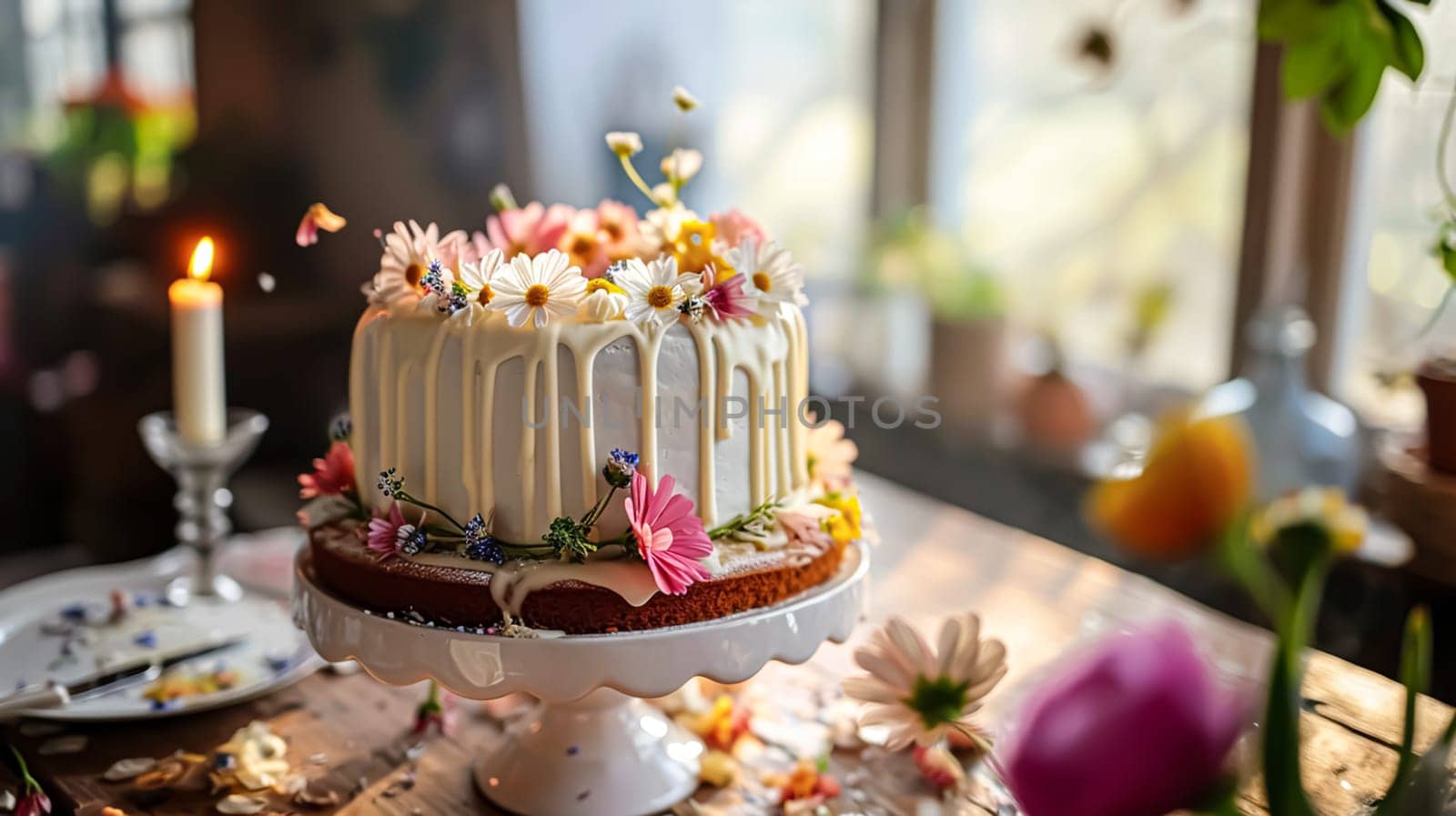 Birthday cake decorated with candles and flowers on the festive table. Selective focus by Olayola