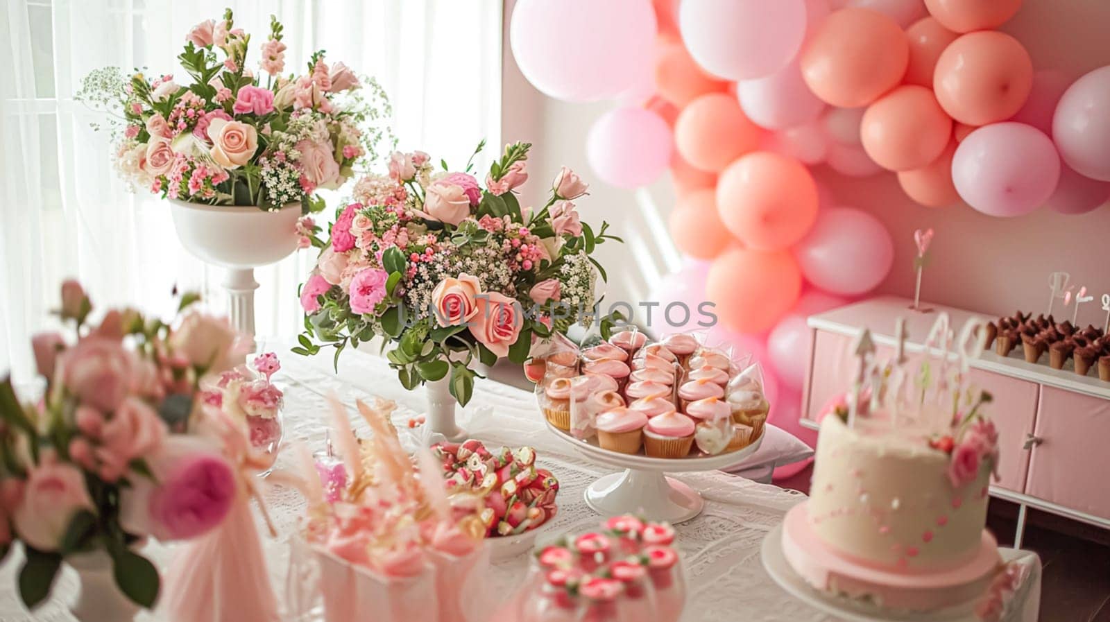 Birthday table decoration with sweets, flowers, candles and pink balloons. by Olayola