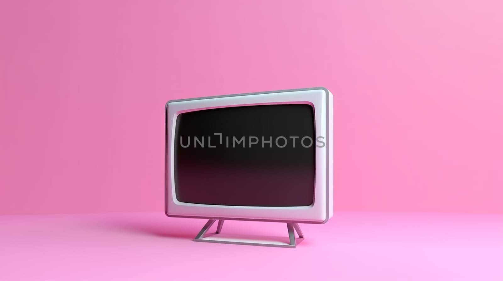 A futuristic TV stands on a pink background.Copy space