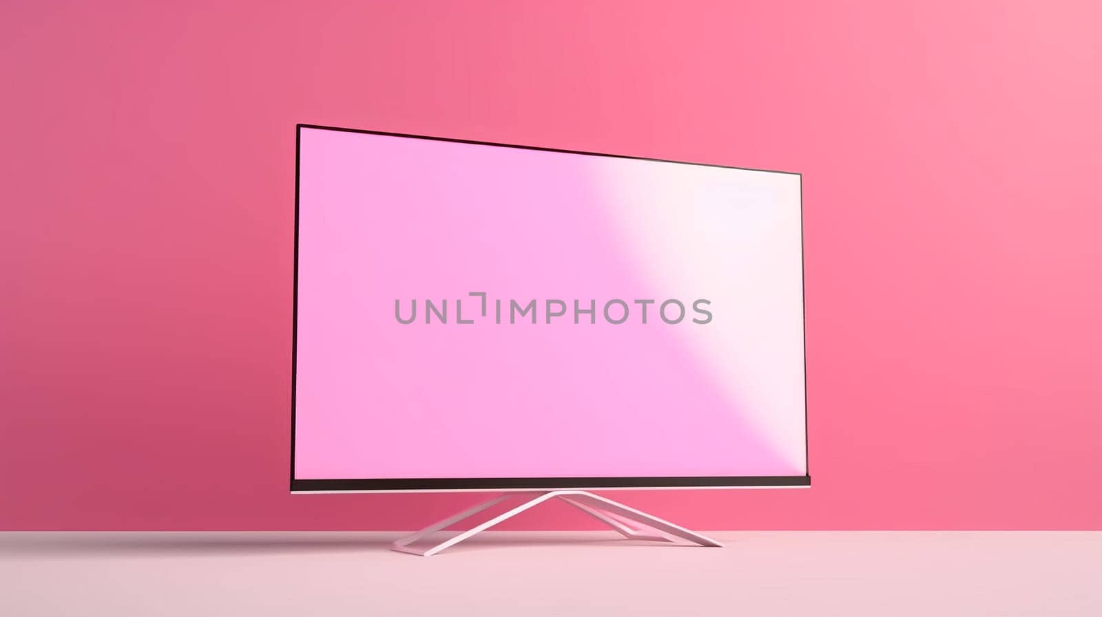 A modern flat-screen TV with a white screen stands on a pink background.Copy space