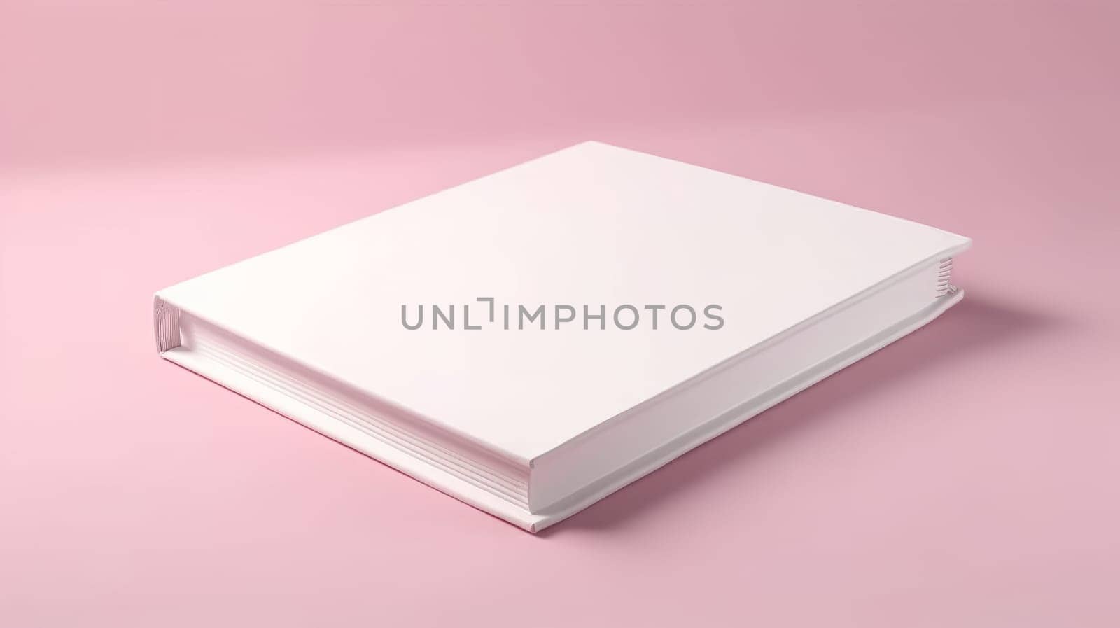 A white closed book with a blank cover lies on a light-pink pastel background. Mock up. Copy space