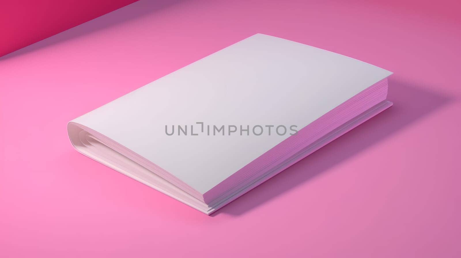 A white closed brochure lies on a pink background in neon light. Mock up. Copy space