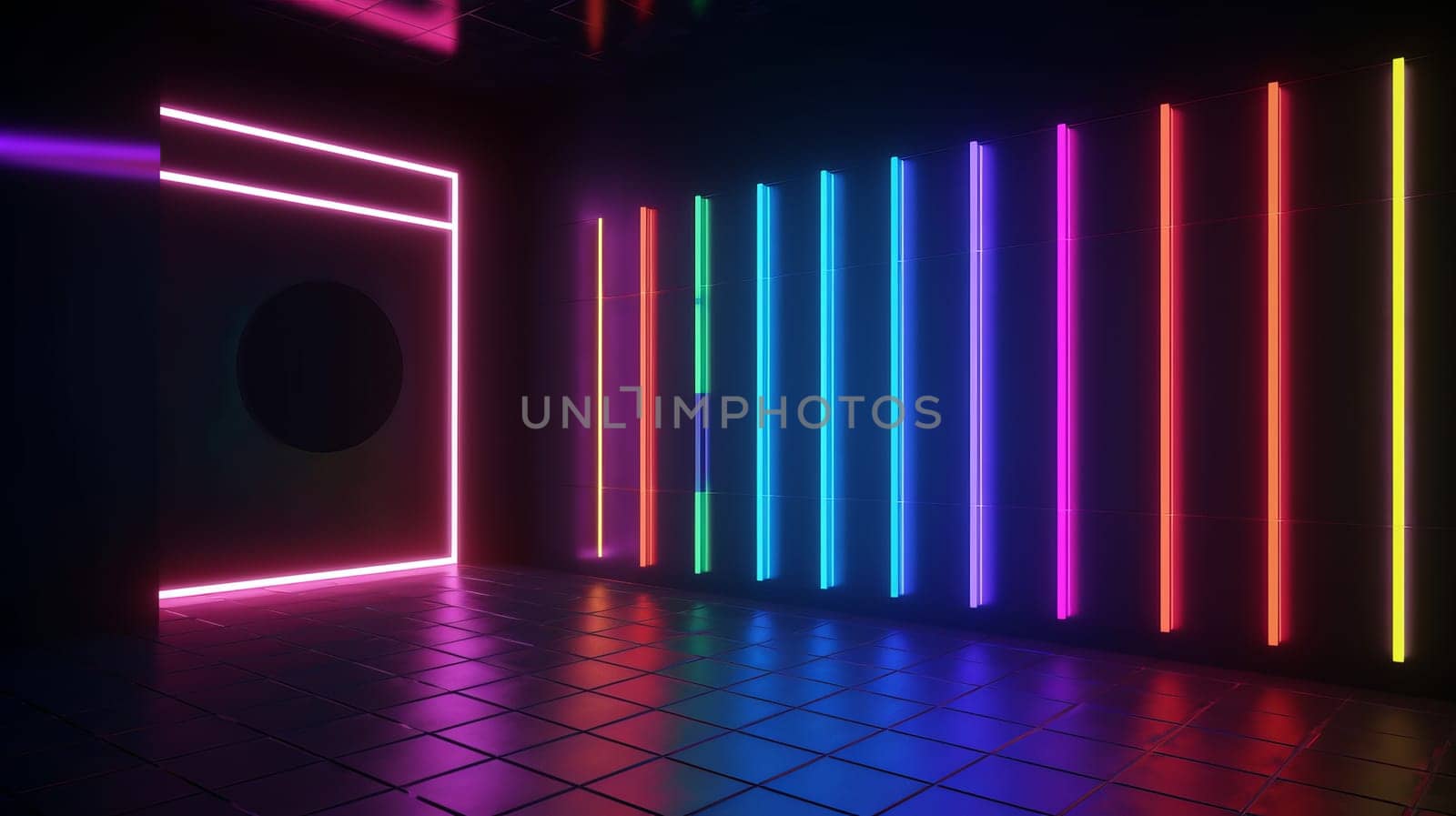 In a dark room, multi-colored neon vertical glowing stripes on a wall.