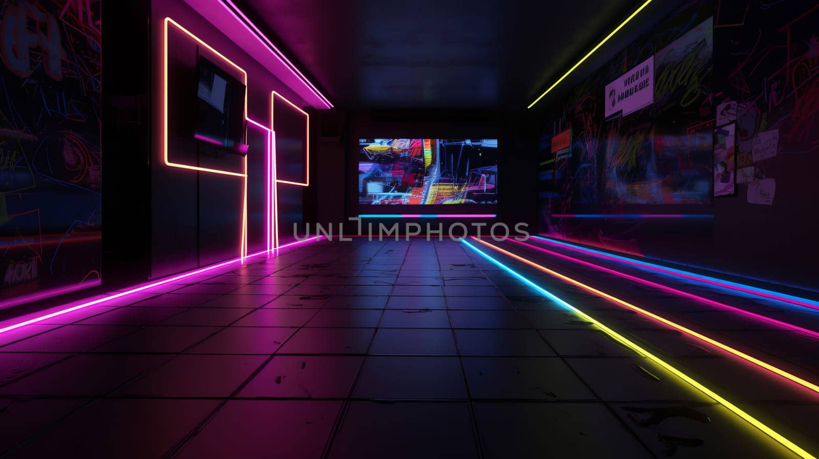 In a dark hall, multi-colored neon glowing stripes of led on a wall and floor.