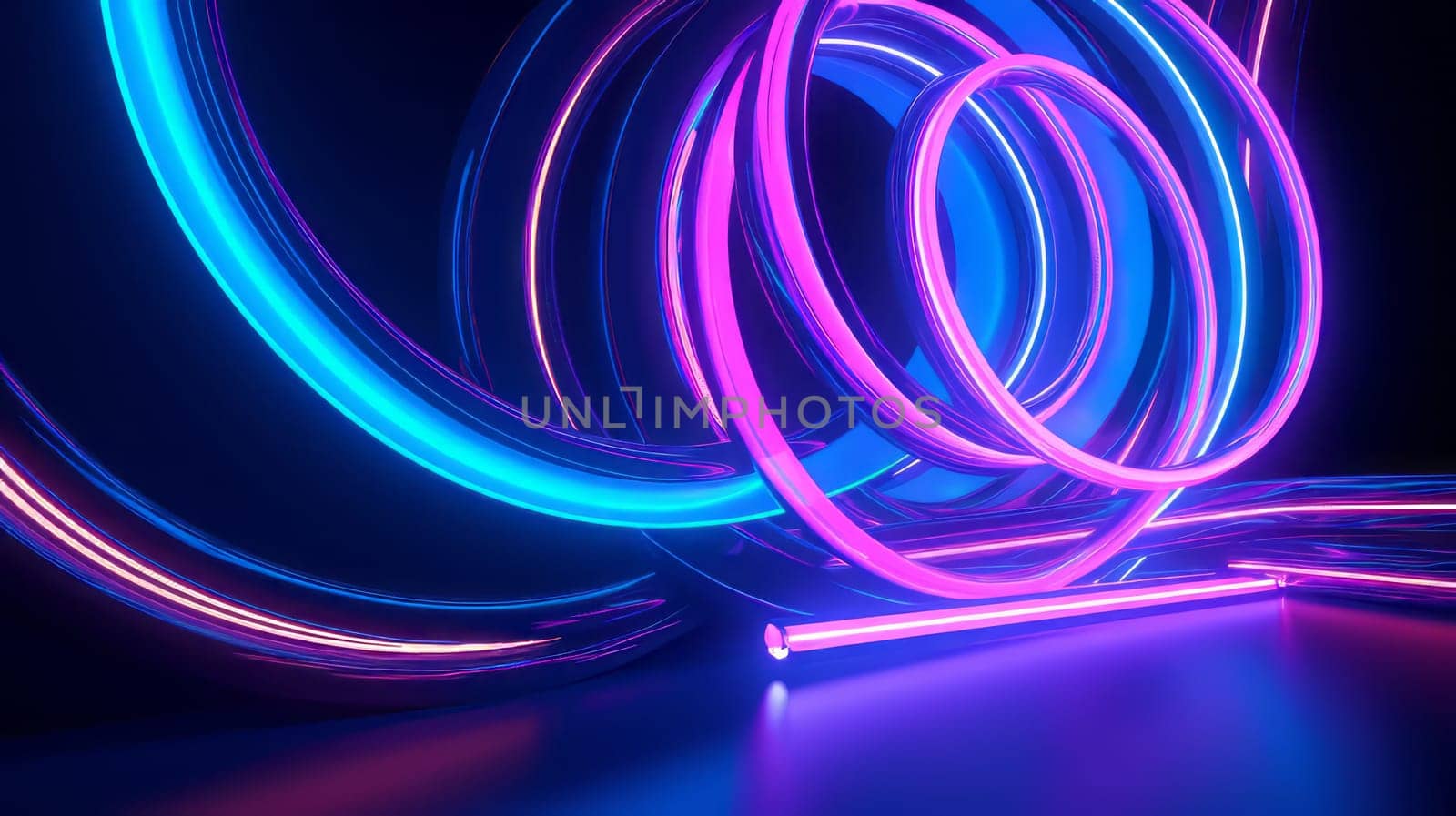 Close up of neon glowing spiral led strips, on dark background