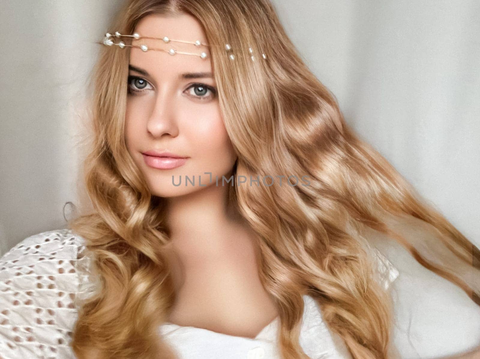 Beautiful bridal look, bride with long hair, wearing pearl tiara jewellery and beauty makeup, blonde woman with curly hairstyle, face portrait for wedding and fashion style idea