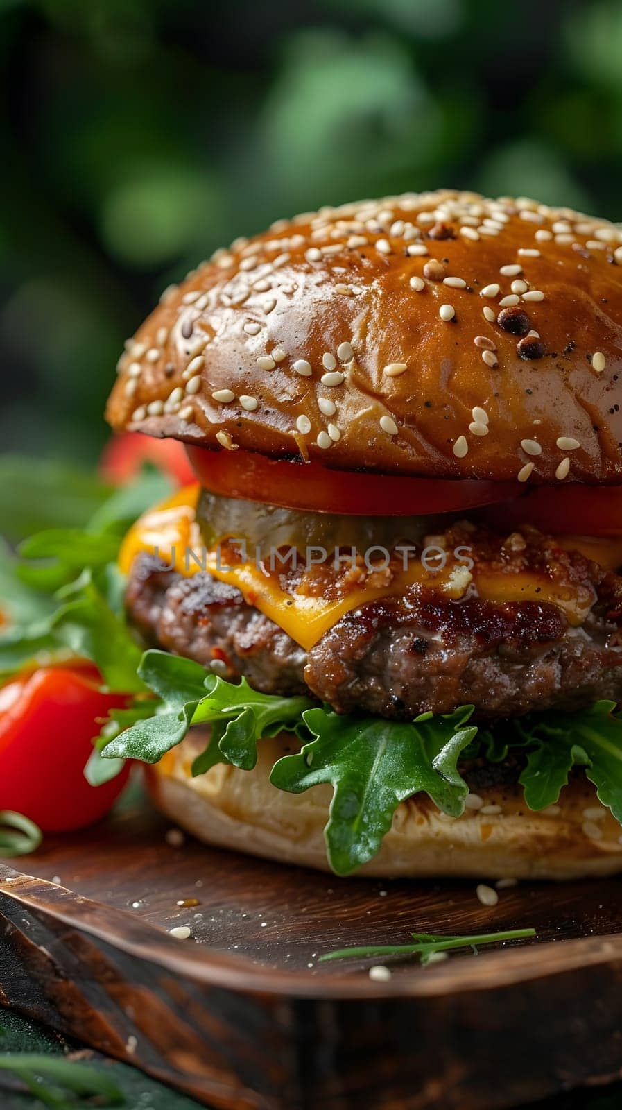 Close up of a delicious hamburger on a wooden cutting board by Nadtochiy