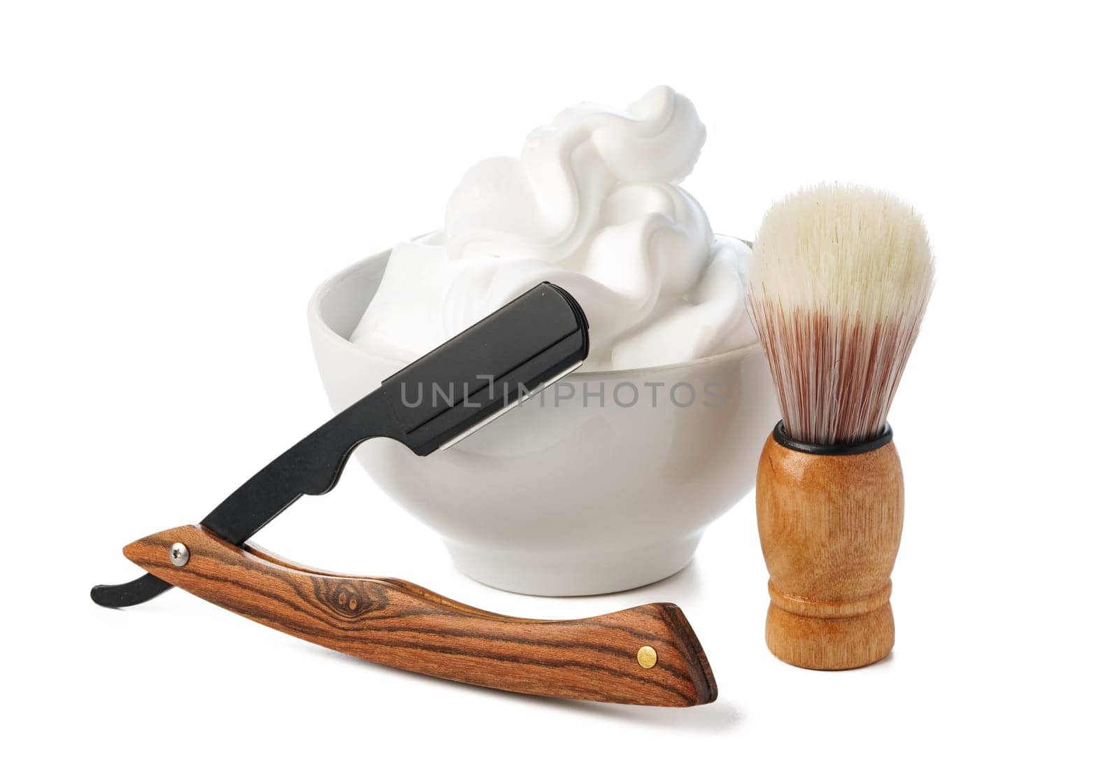 Vintage shaving razor and tools isolated on white by Fabrikasimf